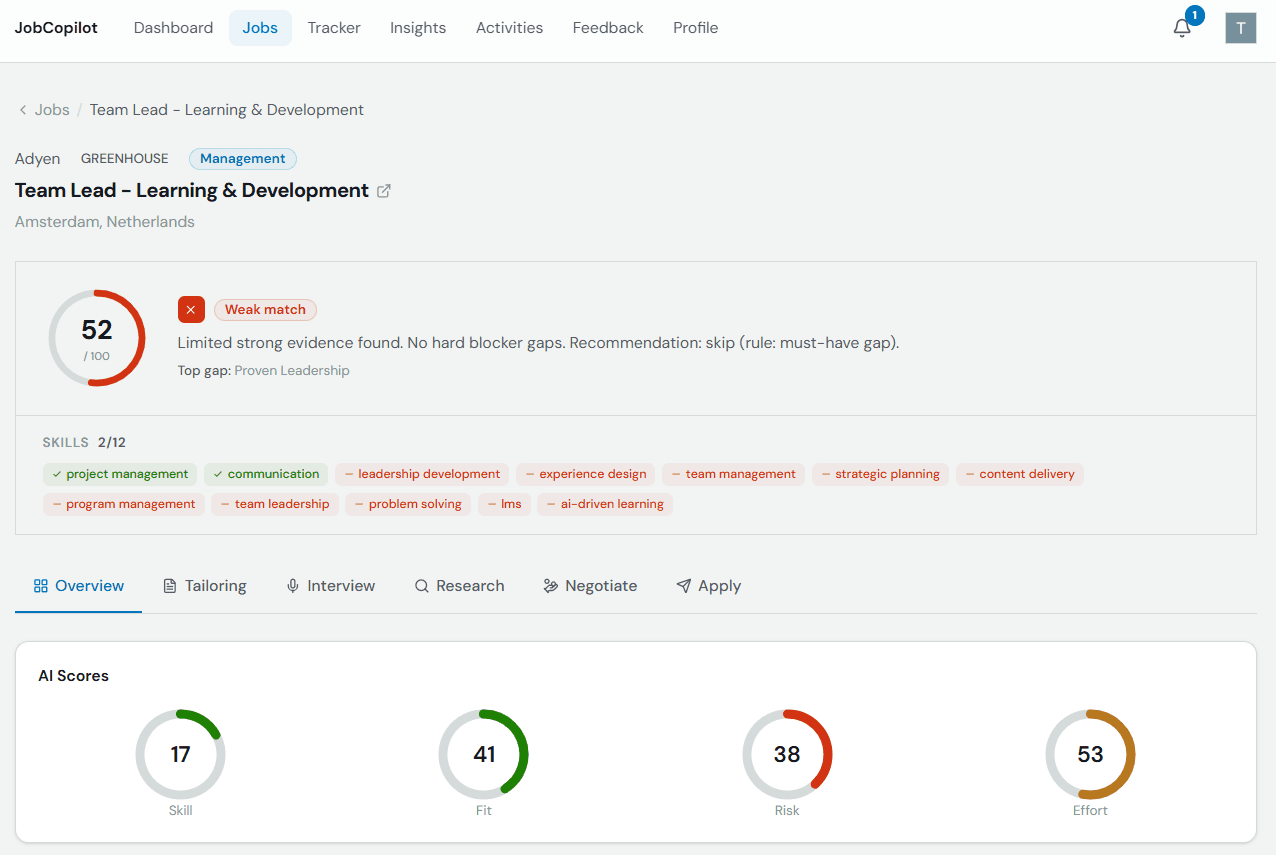 AI score dials showing Skill, Fit, Risk, and Effort scores for a job match