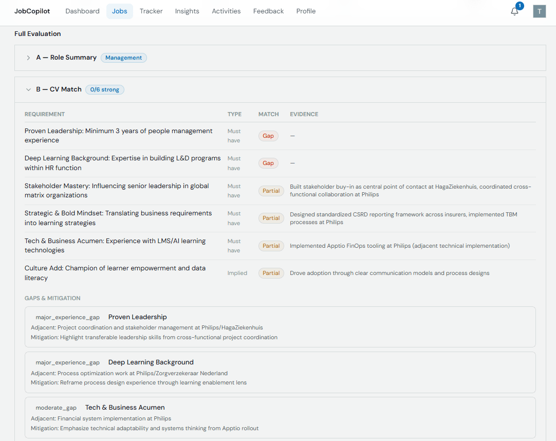 Requirement-by-requirement CV match analysis with Strong, Partial, and Gap indicators